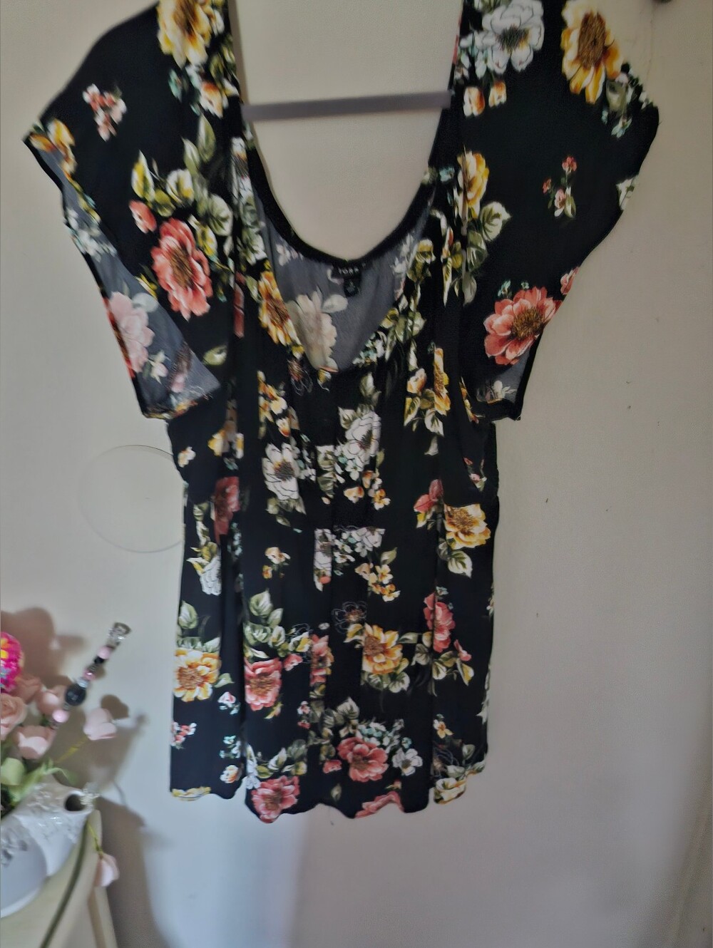 torrid Black Floral Flutter-Sleeve Tunic with Pink and Yellow Blooms